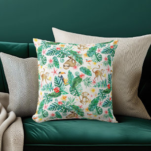 Colourful Tropical Jungle Animals Pattern Throw Pillow