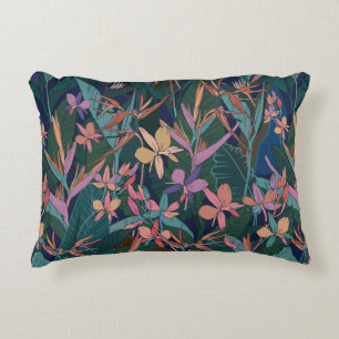 Colourful tropical jungle leaves and flowers hand accent pillow