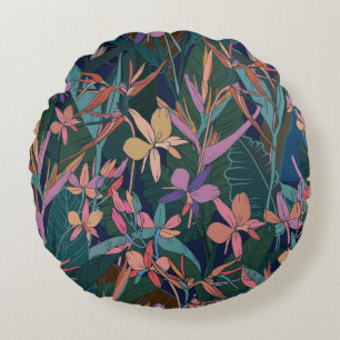 Colourful tropical jungle leaves and flowers hand  round pillow