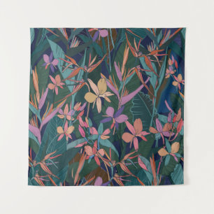 Colourful tropical jungle leaves and flowers hand  tapestry