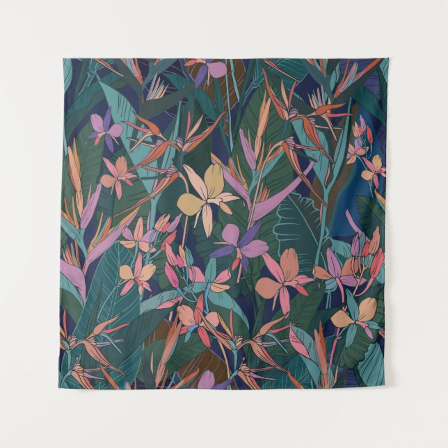 Colourful tropical jungle leaves and flowers hand  tapestry (Front)