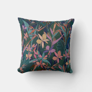 Colourful tropical jungle leaves and flowers hand  throw pillow