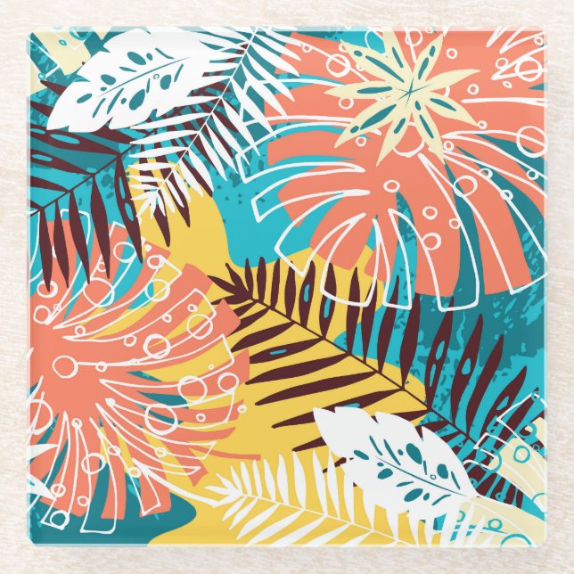 Colourful tropical jungle leaves pattern. glass coaster (Front)