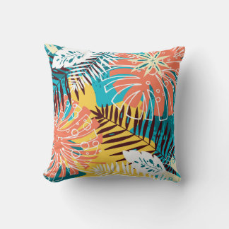Colourful tropical jungle leaves pattern. throw pillow