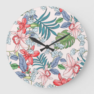 Colourful Tropical Jungle Seamless Print Large Clock