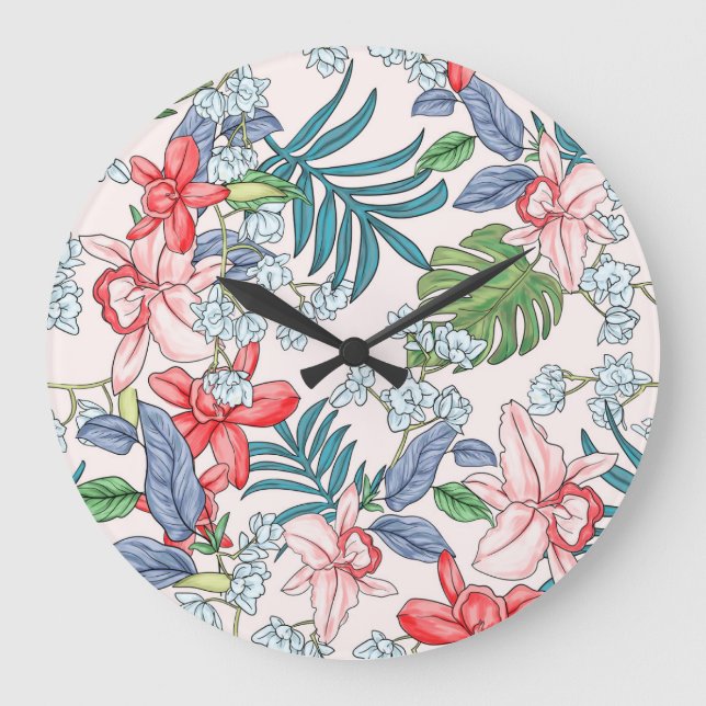 Colourful Tropical Jungle Seamless Print Large Clock (Front)