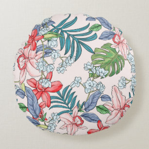 Colourful Tropical Jungle Seamless Print Round Pillow