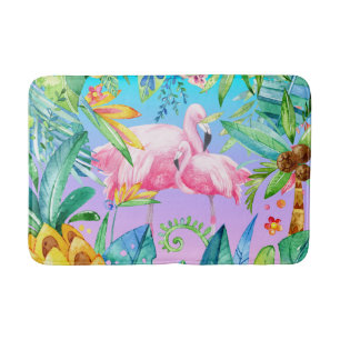 Colourful Tropical Jungle With Pink Flamingos Bath Mat