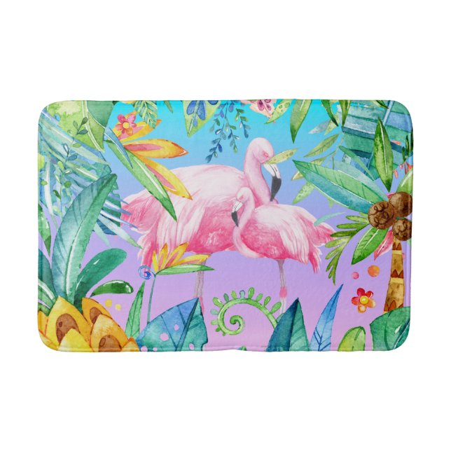 Colourful Tropical Jungle With Pink Flamingos Bath Mat (Front)