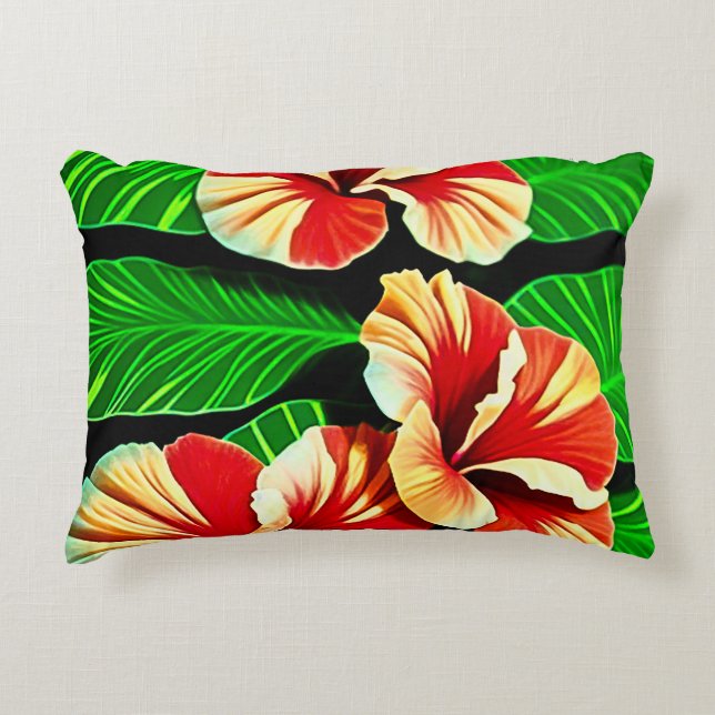 Colourful Tropical Leaves and Hibiscus Flowers | Accent Pillow (Front)