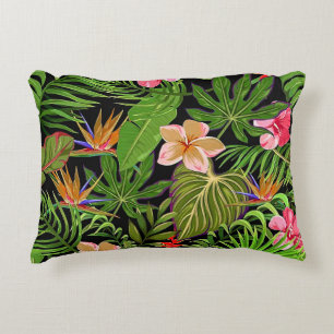 Colourful Tropical Leaves and Hibiscus Flowers   Accent Pillow