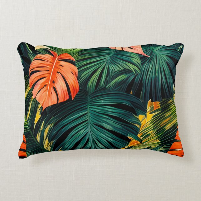 Colourful Tropical Leaves and Hibiscus Flowers | Accent Pillow (Front)
