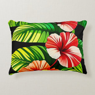 Colourful Tropical Leaves and Hibiscus Flowers   Accent Pillow