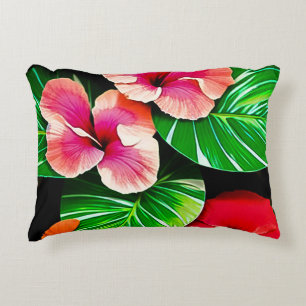Colourful Tropical Leaves and Hibiscus Flowers   Accent Pillow