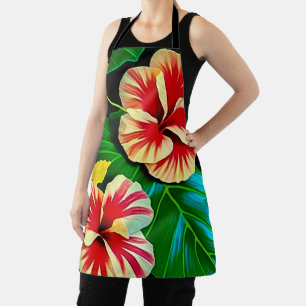 Colourful Tropical Leaves and Hibiscus Flowers Apron