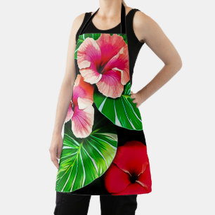 Colourful Tropical Leaves and Hibiscus Flowers Apron