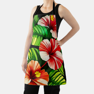 Colourful Tropical Leaves and Hibiscus Flowers Apron