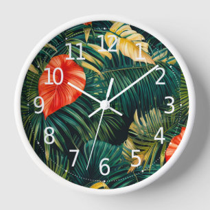 Colourful Tropical Leaves and Hibiscus Flowers   Clock
