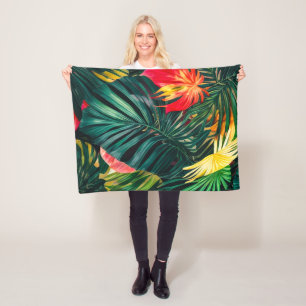 Colourful Tropical Leaves and Hibiscus Flowers Fleece Blanket