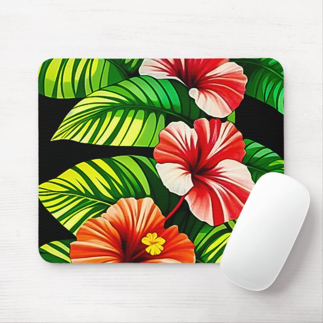 Colourful Tropical Leaves and Hibiscus Flowers | Mouse Pad (With Mouse)