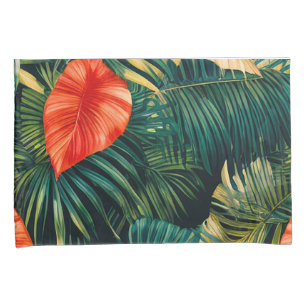 Colourful Tropical Leaves and Hibiscus Flowers Pillowcase