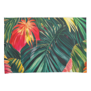 Colourful Tropical Leaves and Hibiscus Flowers Pillowcase