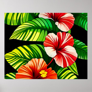 Colourful Tropical Leaves and Hibiscus Flowers   Poster