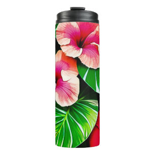Colourful Tropical Leaves and Hibiscus Flowers Thermal Tumbler