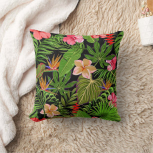 Colourful Tropical Leaves and Hibiscus Flowers   Throw Pillow