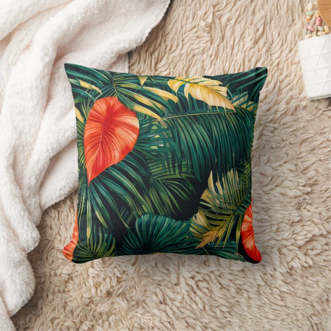 Colourful Tropical Leaves and Hibiscus Flowers | Throw Pillow (Blanket)
