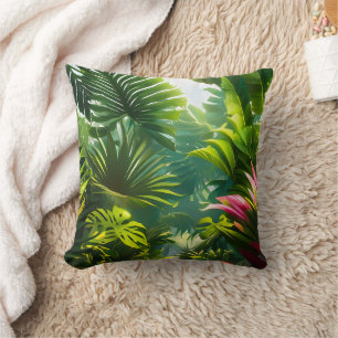 Colourful Tropical Leaves and Hibiscus Flowers   Throw Pillow