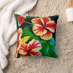 Colourful Tropical Leaves and Hibiscus Flowers Throw Pillow