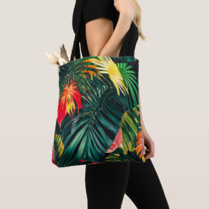 Colourful Tropical Leaves and Hibiscus Flowers Tote Bag