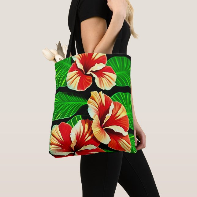 Colourful Tropical Leaves and Hibiscus Flowers | Tote Bag (Close Up)