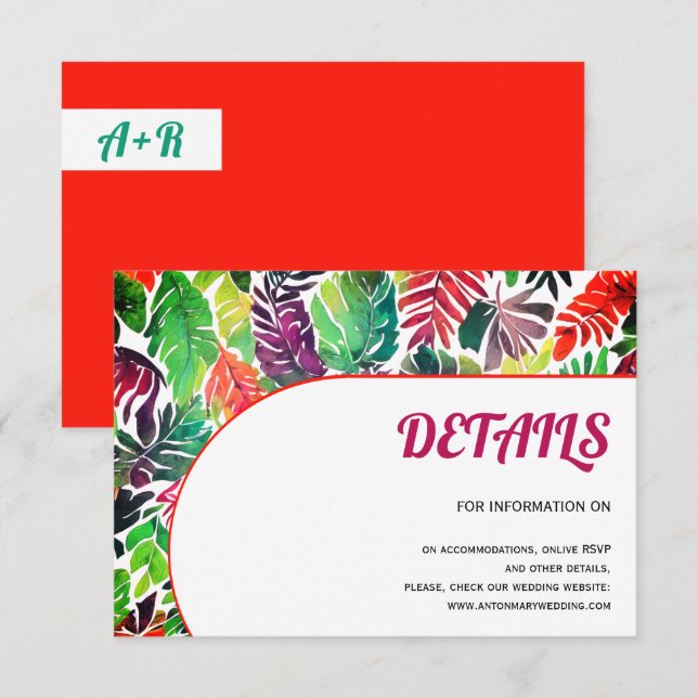 Colourful tropical leaves, arch maximalist wedding enclosure card (Front/Back)