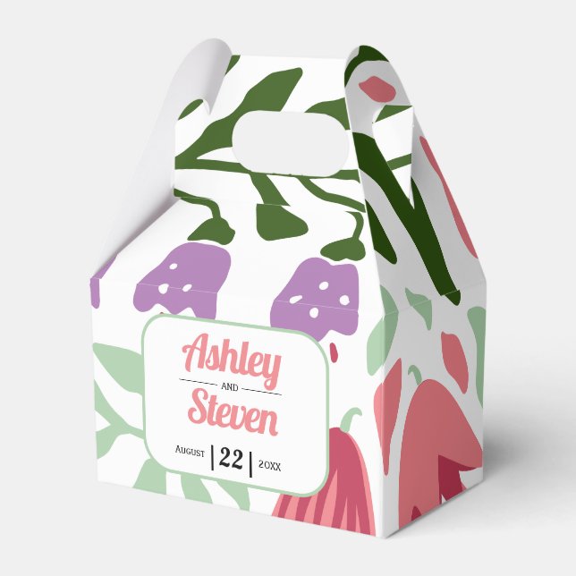 Colourful tropical leaves, arch maximalist wedding favor box (Front Side)