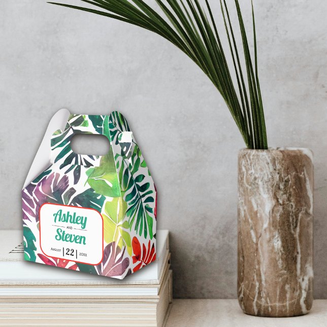 Colourful tropical leaves, arch maximalist wedding favor box (Creator Uploaded)