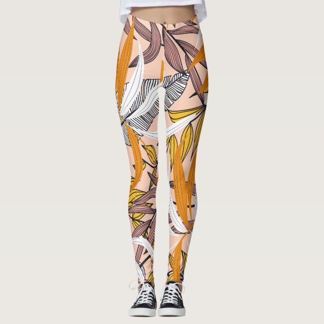 Colourful tropical leaves, beige background patter leggings (Front)