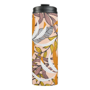 Colourful tropical leaves, beige background patter thermal tumbler