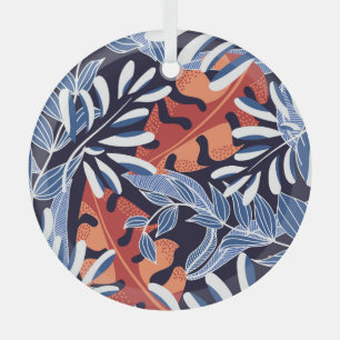 Colourful Tropical Leaves Blue Background Glass Ornament