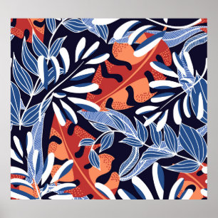 Colourful Tropical Leaves Blue Background Poster