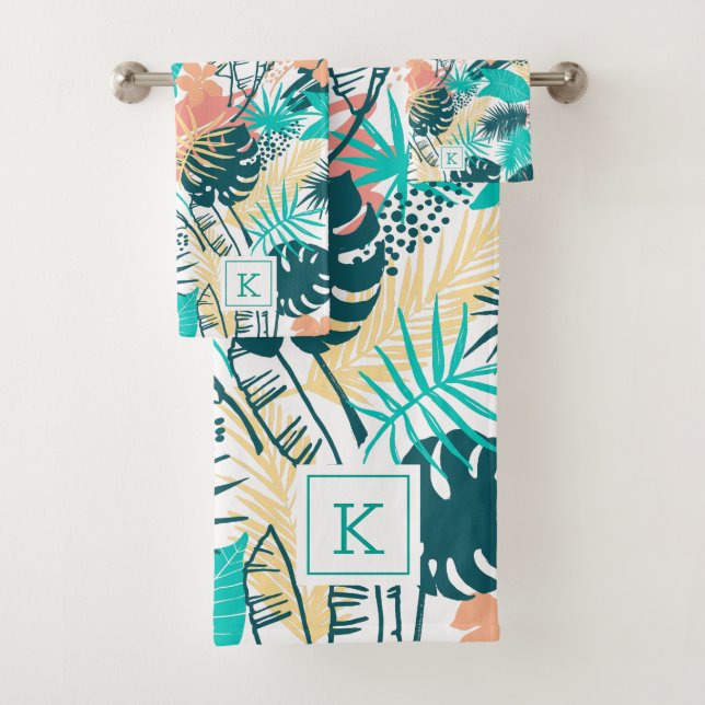 Colourful tropical leaves collage monogram bath towel set (Insitu)