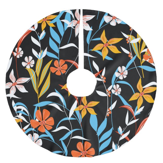 Colourful tropical leaves: dark background pattern brushed polyester tree skirt (Front)