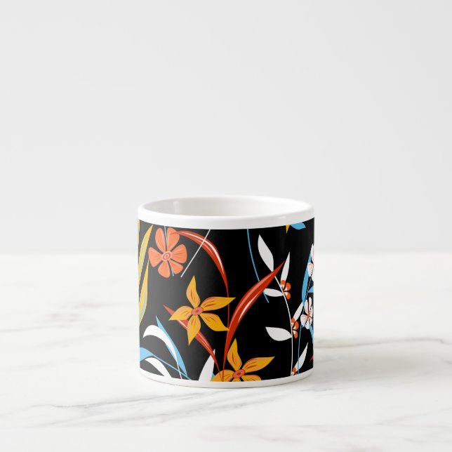 Colourful tropical leaves: dark background pattern espresso cup (Front)