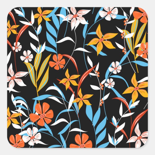 Colourful tropical leaves: dark background pattern square sticker (Front)