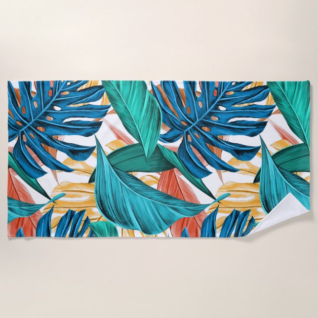 Colourful tropical leaves, exotic pattern design, beach towel (Front)