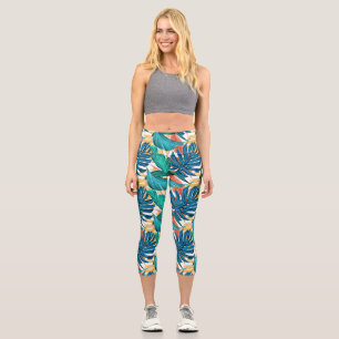 Colourful tropical leaves, exotic pattern design, capri leggings