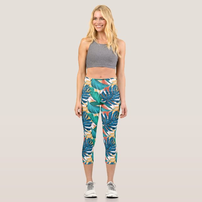 Colourful tropical leaves, exotic pattern design, capri leggings (Front)