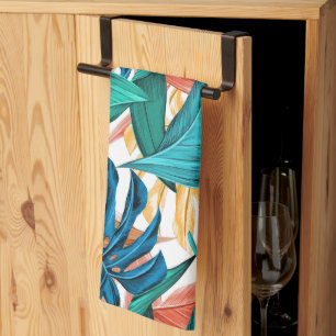 Colourful tropical leaves, exotic pattern design, kitchen towel