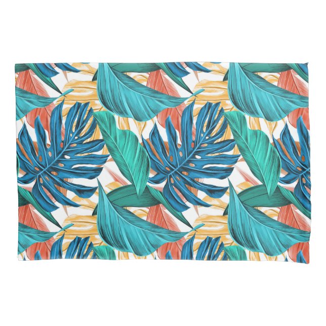 Colourful tropical leaves, exotic pattern design, pillowcase (Front)